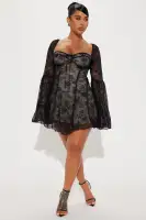 Elegant Black Lace Mini Dress with Long Bell Sleeves & Sweetheart Neckline - Padded Bra & Hidden Zipper