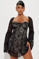 Elegant Black Lace Mini Dress with Long Bell Sleeves & Sweetheart Neckline - Padded Bra & Hidden Zipper(Black/combo,XS)