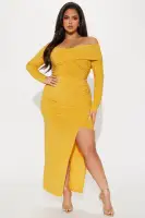 Mustard Off-Shoulder Maxi Dress with Long Sleeves & High Slit – Ruched Surplice Detail (95% Polyester, 5% Spandex)(Mustard,XS)