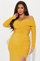 Mustard Off-Shoulder Maxi Dress with Long Sleeves & High Slit – Ruched Surplice Detail (95% Polyester, 5% Spandex)(Mustard,XS)