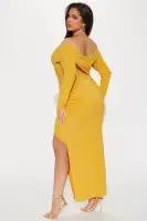 Mustard Off-Shoulder Maxi Dress with Long Sleeves & High Slit – Ruched Surplice Detail (95% Polyester, 5% Spandex)(Mustard,XS)