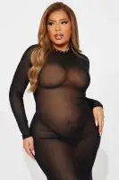 Elegant Black Mesh Gown with Lace-Up Back & Train - Includes Stretch Panty (Long Sleeve, High Neck)(Black,XS)