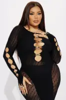 Sexy Black Seamless Mini Dress with Long Sleeves & Cut-Out Embellishments – Stretchy Nylon/Spandex Blend(Black,OS)