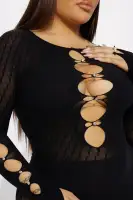 Sexy Black Seamless Mini Dress with Long Sleeves & Cut-Out Embellishments – Stretchy Nylon/Spandex Blend(Black,OS)