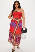 Elegant Linen Maxi Dress - Strapless Smocked Back with Slit, 100% Cotton(Orange/combo,XS)