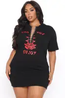 Stylish Black & White V-Neck Lace-Up T-Shirt Dress - Stretchy Cotton Blend with 'Thank You Enjoy' Print(Black,XS)