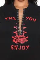 Stylish Black & White V-Neck Lace-Up T-Shirt Dress - Stretchy Cotton Blend with 'Thank You Enjoy' Print(Black,XS)