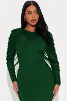 Elegant Hunter Green Midi Dress with Draped Fringe & Mesh Cut-Out Back(Hunter,XS)