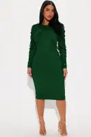 Elegant Hunter Green Midi Dress with Draped Fringe & Mesh Cut-Out Back
