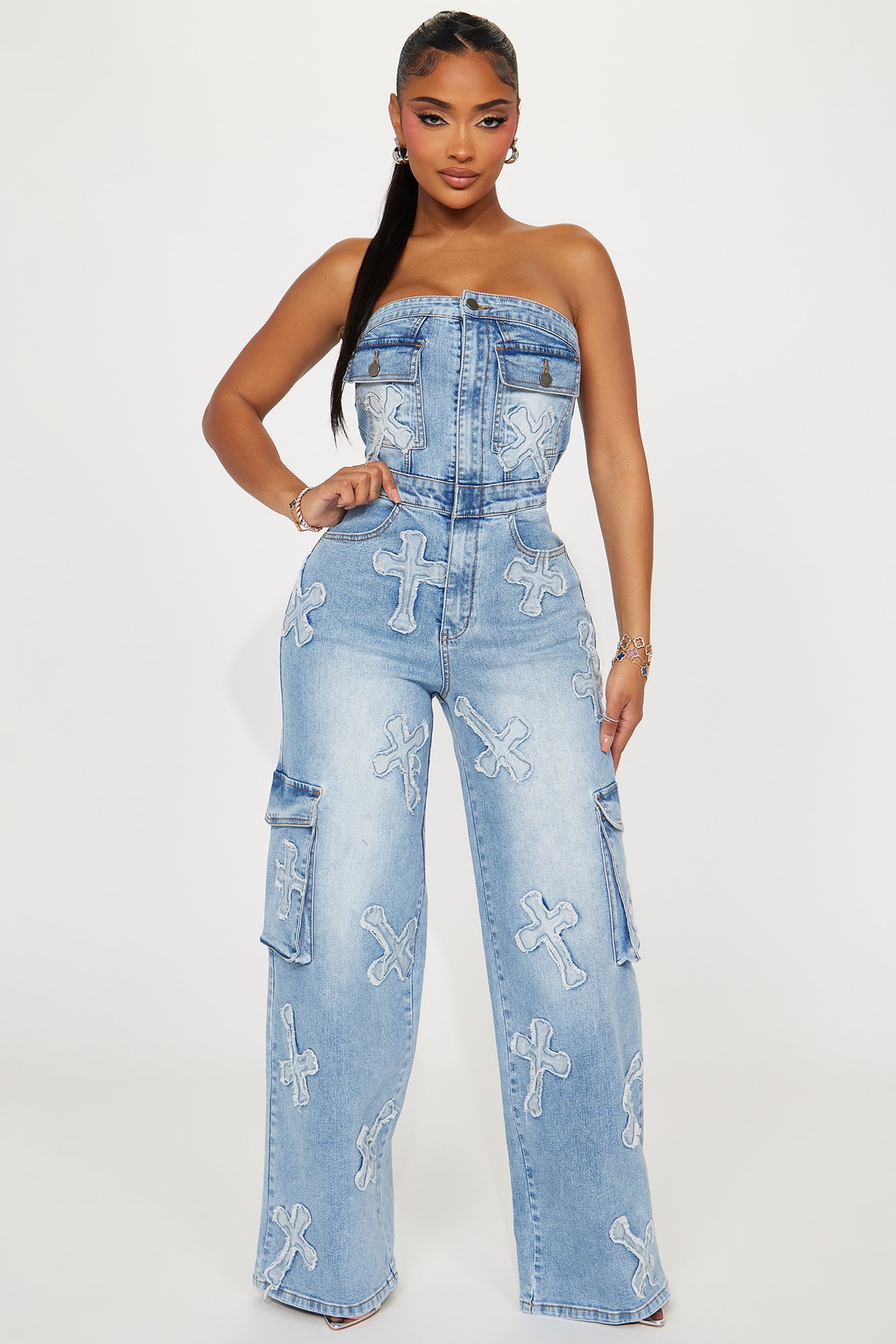 Strapless Denim Jumpsuit Button Down Cross Detail Cargo Back Elastic Waistband Wide Leg