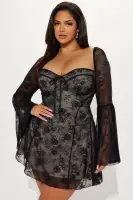 Elegant Black Lace Mini Dress with Long Bell Sleeves & Sweetheart Neckline - Padded Bra & Hidden Zipper(Black/combo,XS)