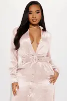 Elegant Satin Maxi Shirt Dress with Long Sleeves & Belt – Black & Blush(Blush,XS)
