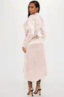 Elegant Satin Maxi Shirt Dress with Long Sleeves & Belt – Black & Blush(Blush,XS)