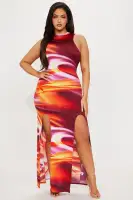 Elegant Burgundy Printed Maxi Dress - High Neck, Sleeveless with Double Slits & Stretch Fabric(Burgundy/combo,XS)
