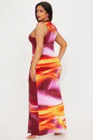 Elegant Burgundy Printed Maxi Dress - High Neck, Sleeveless with Double Slits & Stretch Fabric(Burgundy/combo,XS)