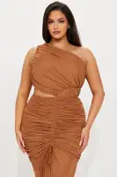 Chic One-Shoulder Mesh Midi Dress with Ruched Detail & Side Slit - Cognac/Yellow(Cognac,XS)