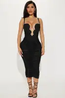 Sexy Ruched Bandage Midi Dress with Adjustable Straps & Padded Cups - Black/White/Aqua
