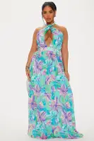 Elegant Chiffon Maxi Dress - Halter Tie Front & Back, Pleated Detail, Elastic Waist (Green/Combo)(Green/combo,XS)