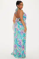 Elegant Chiffon Maxi Dress - Halter Tie Front & Back, Pleated Detail, Elastic Waist (Green/Combo)(Green/combo,XS)