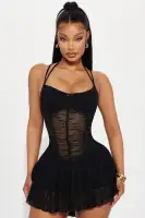 Sexy Black Lace Micro Mini Dress with Corset Waist & Sheer Ruffle Hem(Black,XS)