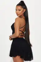 Sexy Black Lace Micro Mini Dress with Corset Waist & Sheer Ruffle Hem(Black,XS)