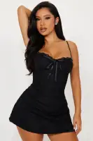 Sexy Black & Yellow Lace Micro Mini Dress with Sweetheart Neckline & Adjustable Straps(Black,XS)