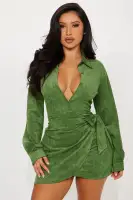 Stylish Green & Rust Suede Mini Dress with Collar, Long Sleeves, and Side Tie – Stretchy Polyester Blend