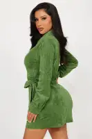 Stylish Green & Rust Suede Mini Dress with Collar, Long Sleeves, and Side Tie – Stretchy Polyester Blend(Green,XS)