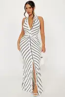 Elegant Halter Collar Maxi Dress - Sleeveless, Backless Twist Knot Design in Black/White (95% Rayon, 5% Spandex)