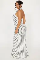 Elegant Halter Collar Maxi Dress - Sleeveless, Backless Twist Knot Design in Black/White (95% Rayon, 5% Spandex)(Black/White,XS)