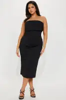 Elegant Strapless Ponte Midi Dress with Ruched Back & Zipper – Hunter & Black(Black,XS)