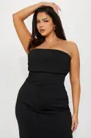 Elegant Strapless Ponte Midi Dress with Ruched Back & Zipper – Hunter & Black(Black,XS)