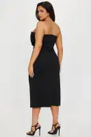 Elegant Strapless Ponte Midi Dress with Ruched Back & Zipper – Hunter & Black(Black,XS)