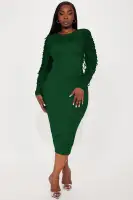 Elegant Hunter Green Midi Dress with Draped Fringe & Mesh Cut-Out Back(Hunter,XS)