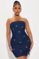 Strapless Denim Mini Dress with Rhinestone Star & Front Slit – Stretchy & Stylish