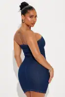 Strapless Denim Mini Dress with Rhinestone Star & Front Slit – Stretchy & Stylish(Dark Denim,XS)