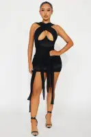 Sexy Criss Cross Mesh Mini Dress with Cut Out & Tie Detail - Brown/Black