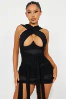 Sexy Criss Cross Mesh Mini Dress with Cut Out & Tie Detail - Brown/Black(Black,XS)