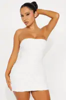 Strapless Textured Micro Mini Dress - Yellow & Ivory, 95% Polyester 5% Spandex, 30 Length