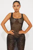 Elegant Black Sequin Dress with Sheer Crochet Scoop Neckline & Low Back – Stretchy & Glamorous(Black,XS)
