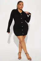 Stylish Ribbed Mini Shirt Dress - Long Sleeves with Slit Collar & V-Neck in Black, Rust, Taupe(Black,XS)