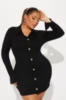 Stylish Ribbed Mini Shirt Dress - Long Sleeves with Slit Collar & V-Neck in Black, Rust, Taupe(Black,XS)