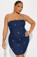 Strapless Denim Mini Dress with Rhinestone Star & Front Slit – Stretchy & Stylish(Dark Denim,XS)