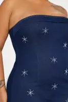 Strapless Denim Mini Dress with Rhinestone Star & Front Slit – Stretchy & Stylish(Dark Denim,XS)