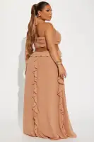 Elegant Mocha Chiffon Maxi Dress with 3D Flower Applique & Exposed Back Zipper(Mocha,XS)