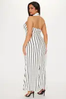 Elegant Halter Collar Maxi Dress - Sleeveless, Backless Twist Knot Design in Black/White (95% Rayon, 5% Spandex)(Black/White,XS)