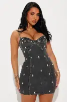 Sexy Black Denim Mini Dress with Sweetheart Neckline & Embellished Back – Adjustable Straps & Stretch Fit