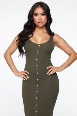 Stylish Sleeveless Midi Dress - Stretchy Rayon Blend in 6 Colors (Black, Red, White & More)(Olive,XS)