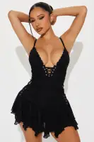 Sexy Black Mesh Mini Dress with Lace Trim & Adjustable Straps - Deep V-Neck & Side Slits