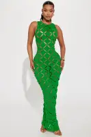 Elegant Kelly Green & Mocha Cut-Out Maxi Dress – High Neck, Sleeveless with Back Slit & Hidden Zipper
